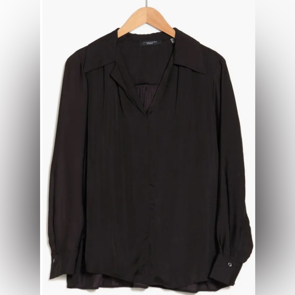 T Tahari Poet Sleeve Blouse Button Up Top Black 1X 14 16 $88 Career Contemporary